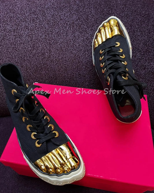 Trendy Artistic Surreal Gold Five-Finger Canvas Shoes for Men Fashion Lace Up Running Couple Sneakers Casual Breathable Training Shoes