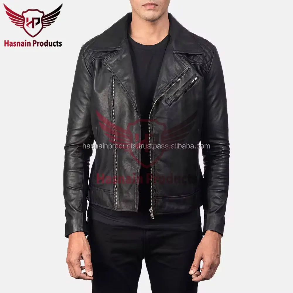Mens Real Black Leather Jacket Asymmetrical Zip Quilted Shoulder Zip Pockets Sheepskin Biker Coat Custom Vintage Winter Outer