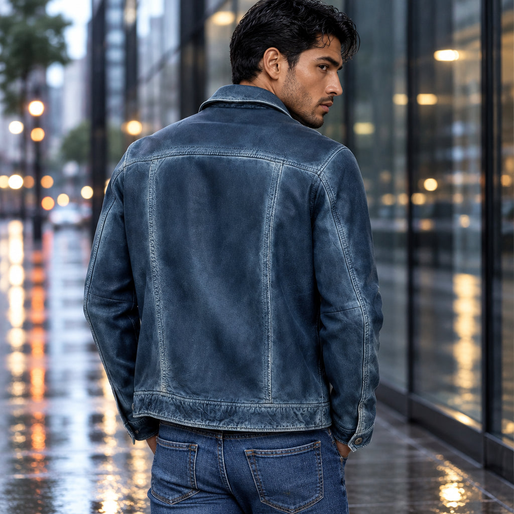 Mens Real Blue Leather Jacket Slim Fit Biker Motorcycle Vintage Distressed Cowhide Coat Custom Classic Fashion Outerwear Winter
