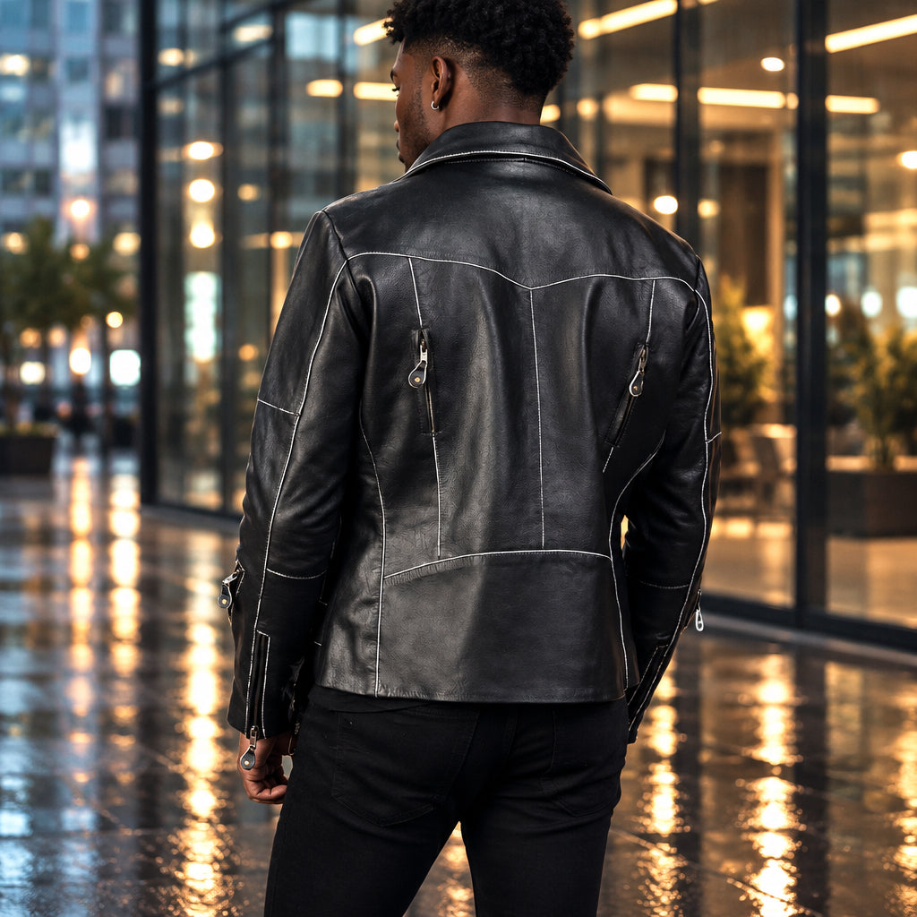 Mens Real Black Leather Jacket Asymmetrical Zip White Stitch Belted Waist Sheepskin Biker Coat Custom Vintage Winter Outerwear