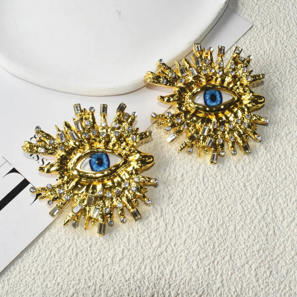 Baroque Style Metal Golden Plated Eyes Tassel Dangle Earrings Ring Brooch For Women Fashion Jewelry Exaggerated Accessories