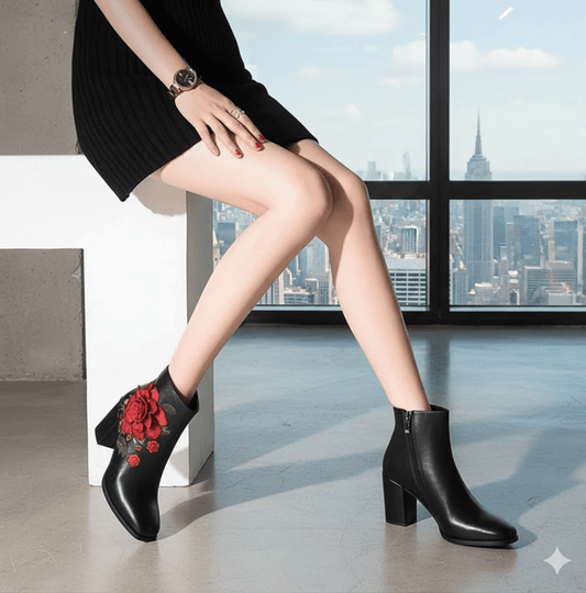 Luxury Elegant Women Embroidery Flower Ankle Boots,Retro Ethnic Style Winter Shoes,Short Botas,Pointed Toe,Side Zip,BLACK