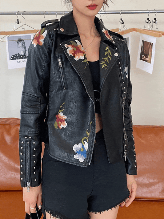 Romanticism & Rebel Women Vintage Floral Print Embroidery Short Black Pu Faux Leather Jacket Spring Autumn Female Zipper Coat Retro Outwear