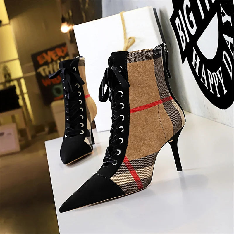 2024 Women's Fashion 8cm High Heels Ankle Pumps Pointed Toe Lace up Casual Ladies Short Boots Waterproof for Autumn