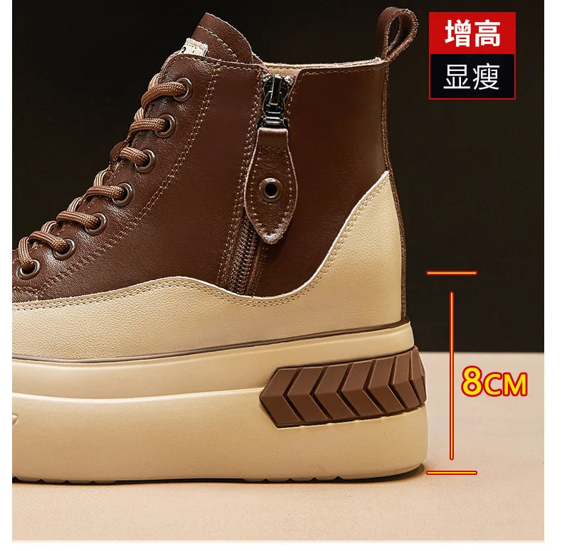 High Top Women Shoes Genuine Leather 8cm Platform Boots Ankle Wedge Hidden Heel Zip Autumn Warm Fur Winter Shoes Sneakers