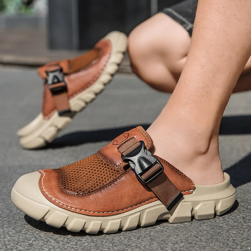 Men's Artisan Made Head Layer Leather Outdoor Slippers Cushioned Insole Breathable