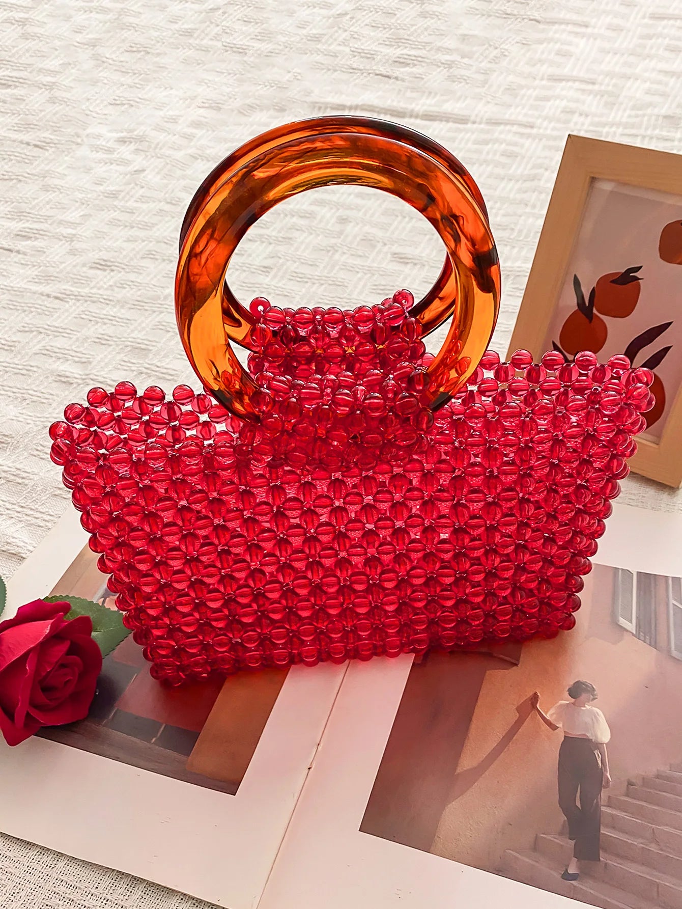 Double Circle Acrylic Handle New Amber Color Bead Tote Bag Women Beaded Acrylic High Quality Hand-woven Fashion Exquisite Purses