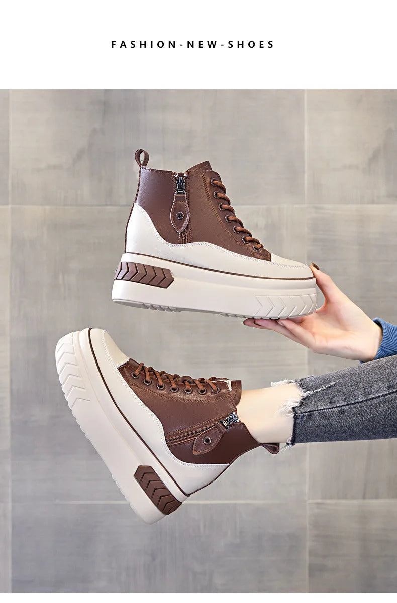 High Top Women Shoes Genuine Leather 8cm Platform Boots Ankle Wedge Hidden Heel Zip Autumn Warm Fur Winter Shoes Sneakers