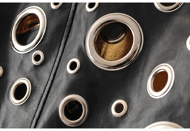 Rocker Runway Cut Out Short Faux Leather Jacket Golden Rivet Cool Stylish Designer Clothes Women European American Fashion 2022