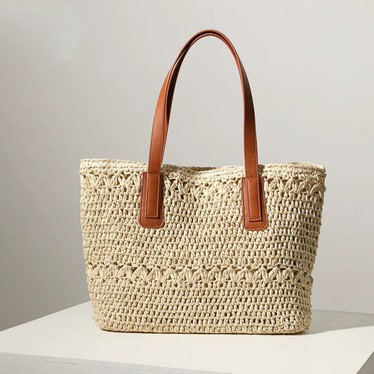 Summer Women's Large Capacity Tote Pouch Casual Handmade Beach Handbags with Soft PU Handle and Chain Decoration for Holidays