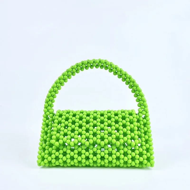 European and American Niche Handmade Color-blocked Pearl Triangle Bag Fashionable and Versatile Hand-held Rainbow Bead Weave Bag