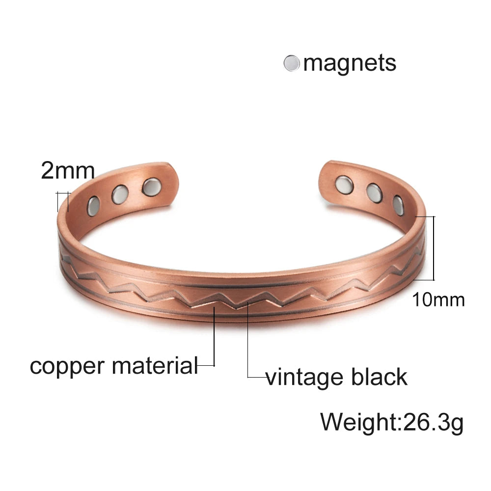 Vinterly Pure Copper Bracelet Men Magnetic Vintage Adjustable High Magnet Open Cuff Bangles Health Energy Jewelry for Male Women