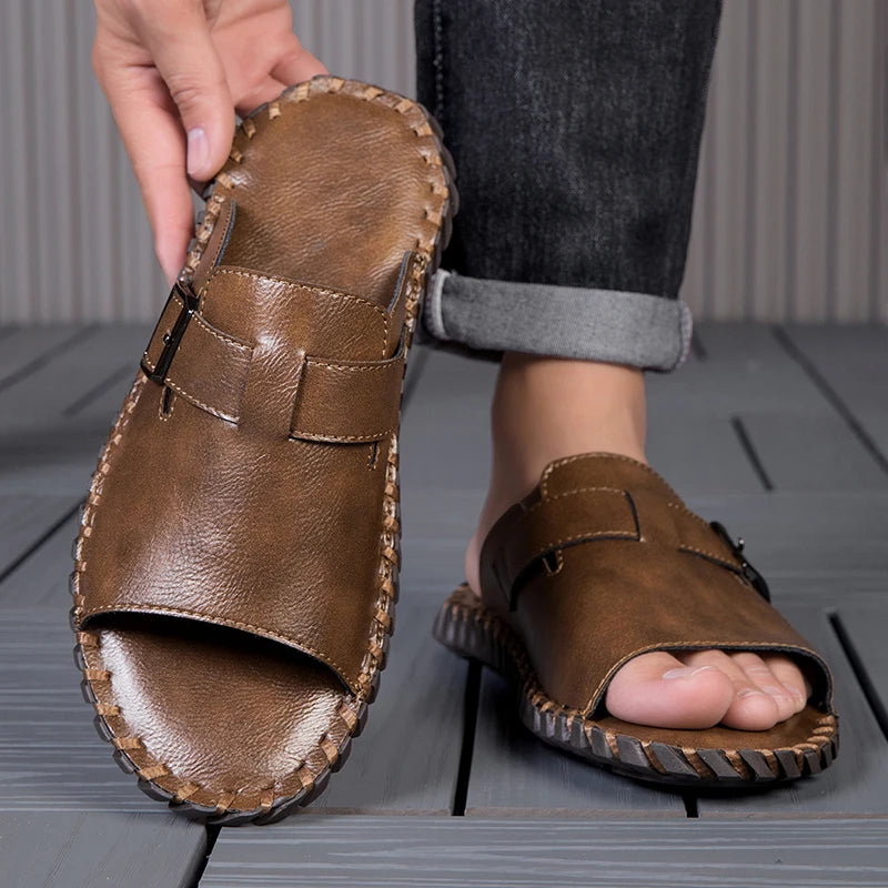 Hand Stitched Men Casual Slide Slippers Full Grain Cow Leather Upper Non Slip Rubber Outsole Daily Home Beach Shoes
