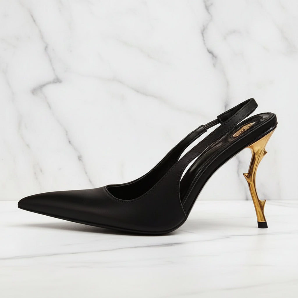 Slingback Women Back Strap Gold Strange Heels on  Pumps Patent Dress Sandals Pointed Toe Shoes