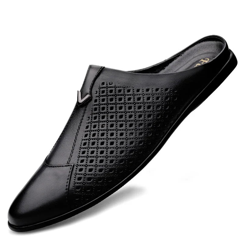 Large Size Man Hollow-Out Cow Leather Loafer Breathable and Durable Casual Half Shoes