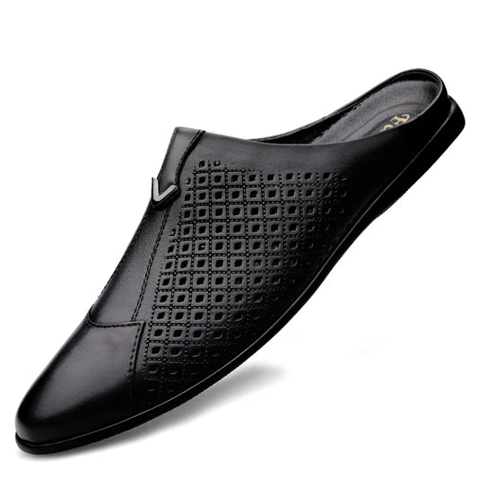 Large Size Man Hollow-Out Cow Leather Loafer Breathable and Durable Casual Half Shoes