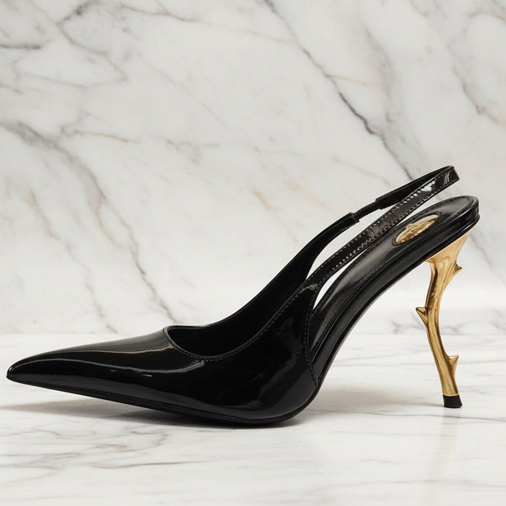Slingback Women Back Strap Gold Strange Heels on  Pumps Patent Dress Sandals Pointed Toe Shoes