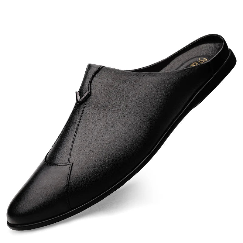 Summer Autumn Breathable Slip-On Men's Half Genuine Leather Formal Dress Loafers Holiday Comfort