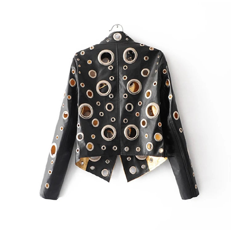 Rocker Runway Cut Out Short Faux Leather Jacket Golden Rivet Cool Stylish Designer Clothes Women European American Fashion 2022
