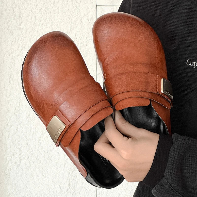 Men Women Leather Upper Flat Casual Slip-on Mules Closed Toe Half Slippers Spring