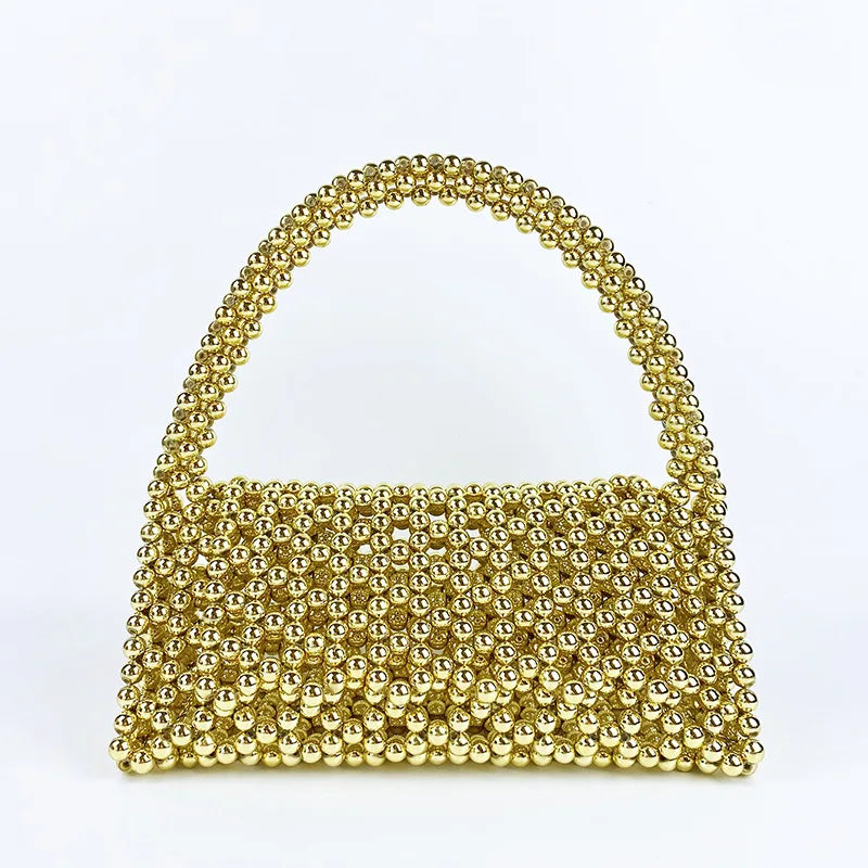 European and American Niche Handmade Color-blocked Pearl Triangle Bag Fashionable and Versatile Hand-held Rainbow Bead Weave Bag