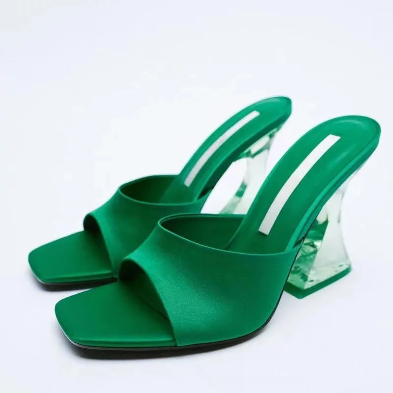 Ladies Wear Sandals on a Transparent Crystal Heel Heels  a Summer Women Open Toe Block Heel High Sandals Women's slippers