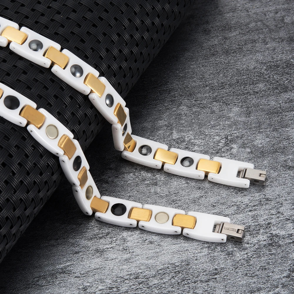 Vinterly Women Ceramic Bracelet Health Energy Hematite Ceramic Bracelets Female Gold-color AAA Cubic Zirconia Bracelet for Women