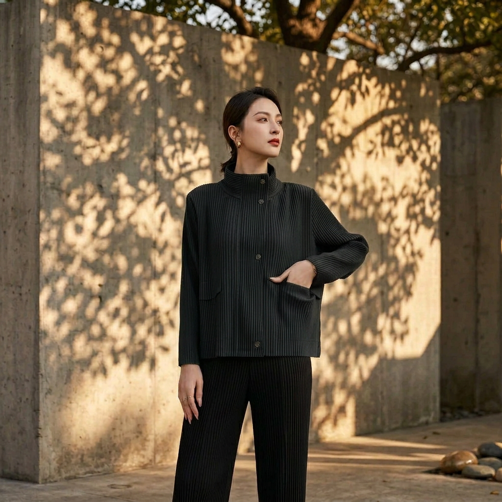 High End Miyake Pleated New Solid Color Collar Single Row Toothpick Pleated Retro Raincoat Commuting Women's Slim Fit Jacket
