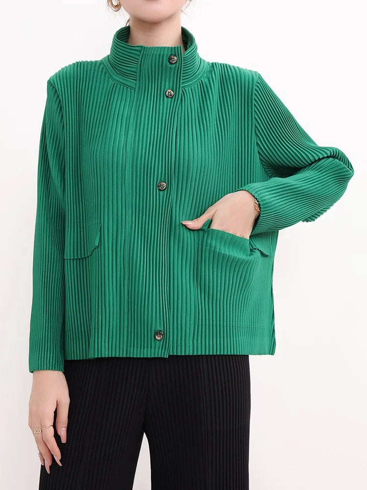 High End Miyake Pleated New Solid Color Collar Single Row Toothpick Pleated Retro Raincoat Commuting Women's Slim Fit Jacket