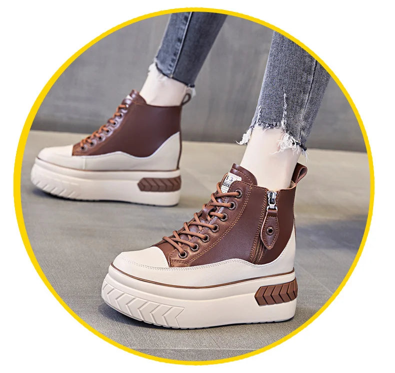 High Top Women Shoes Genuine Leather 8cm Platform Boots Ankle Wedge Hidden Heel Zip Autumn Warm Fur Winter Shoes Sneakers
