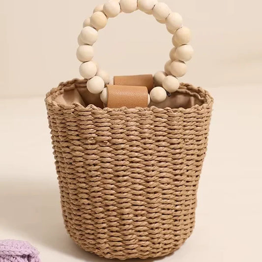 Boho 2026 New Handmade Beaded Handle Straw Woven Rattan Bucket Bag Large Capacity Soft Women's Travel Handbag
