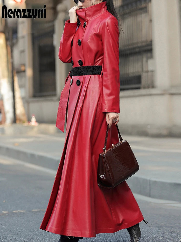 Nerazzurri Autumn Maxi Red Pu Leather Trench Coat for Women Long Sleeve Belt Double Breasted Elegant Luxury Runway Fashion 2023