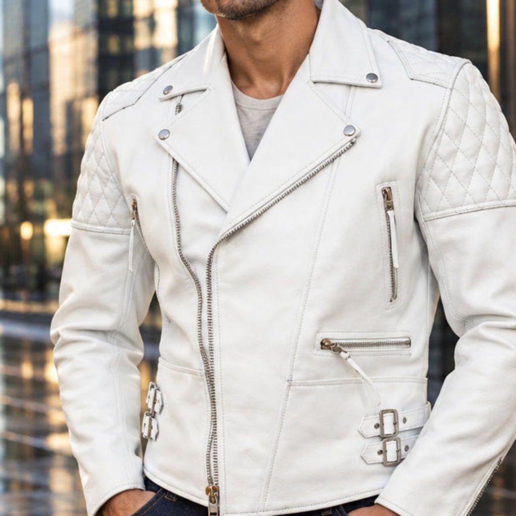 Mens Real White Leather Jacket Asymmetrical Zip Quilted Shoulder Pockets Sheepskin Biker Coat Custom Vintage Winter Outerwear
