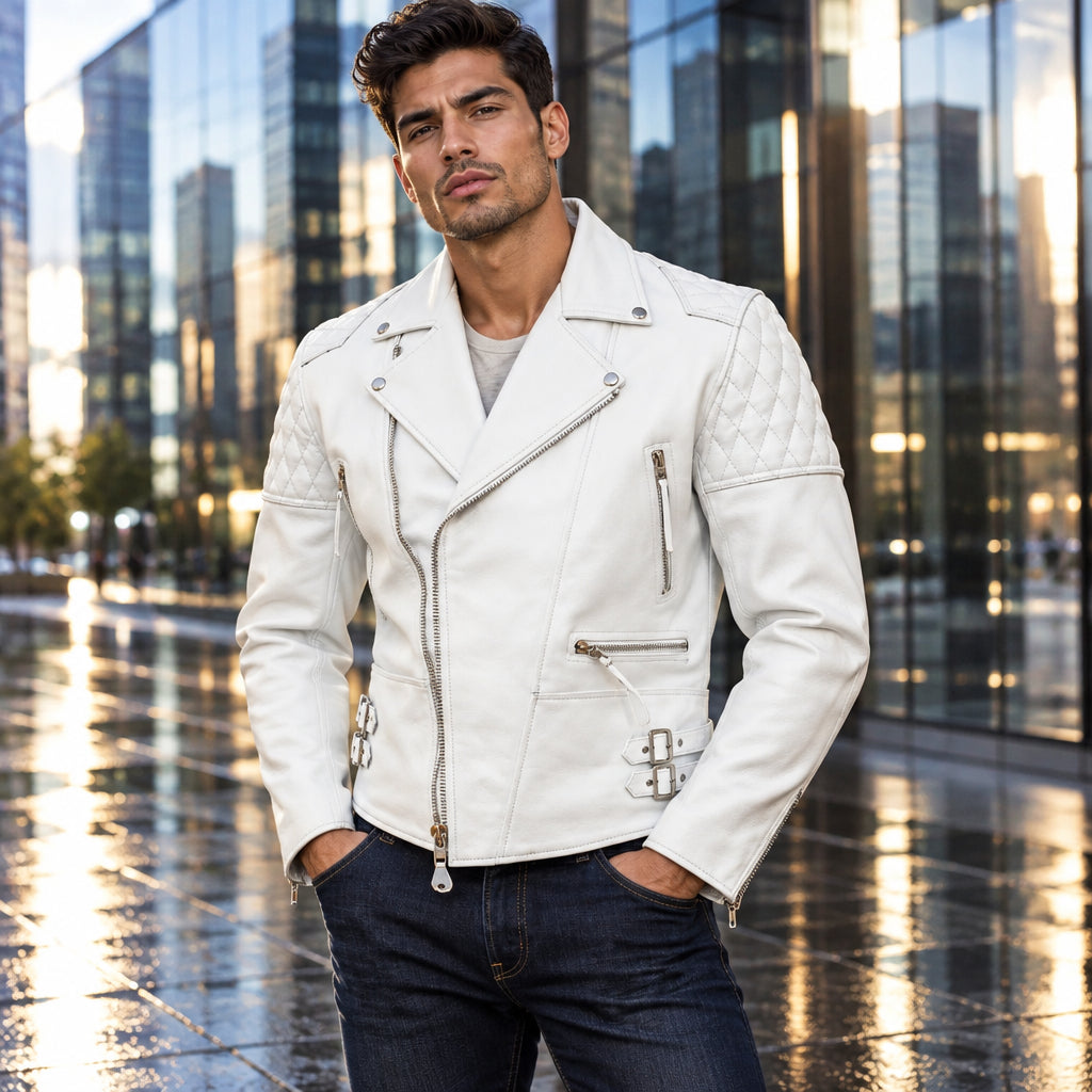 Mens Real White Leather Jacket Asymmetrical Zip Quilted Shoulder Pockets Sheepskin Biker Coat Custom Vintage Winter Outerwear