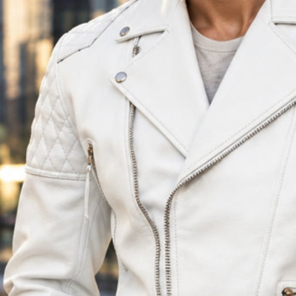 Mens Real White Leather Jacket Asymmetrical Zip Quilted Shoulder Pockets Sheepskin Biker Coat Custom Vintage Winter Outerwear