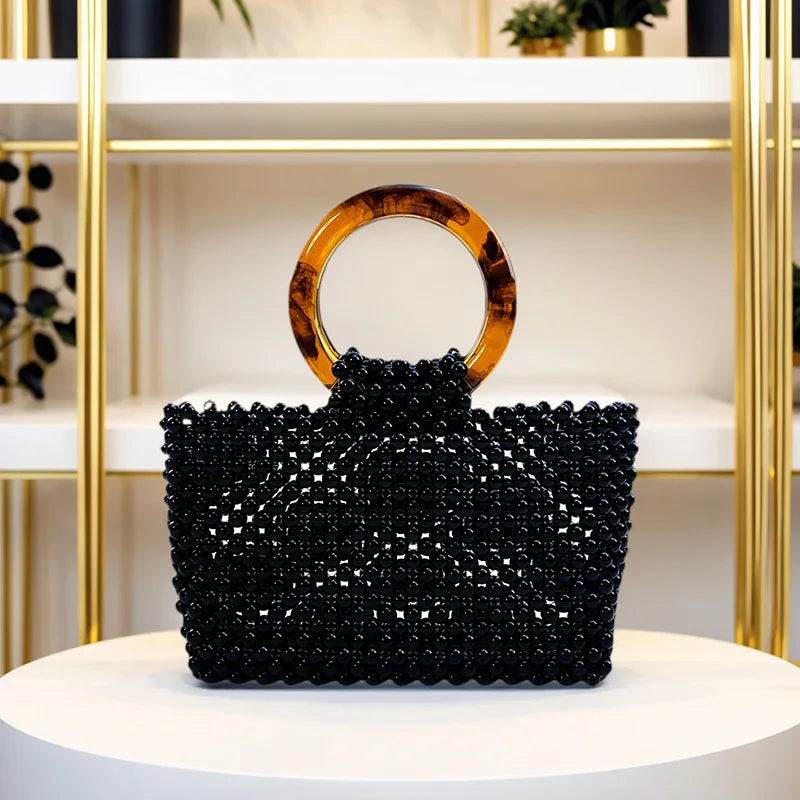 Double Circle Acrylic Handle New Amber Color Bead Tote Bag Women Beaded Acrylic High Quality Hand-woven Fashion Exquisite Purses