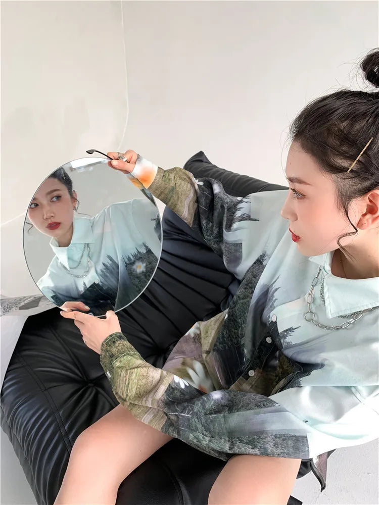 Oversized Women Blouses oil Printing shirts Harajuku Tops Long Sleeve Couple's Streetwear Blusas Mujer