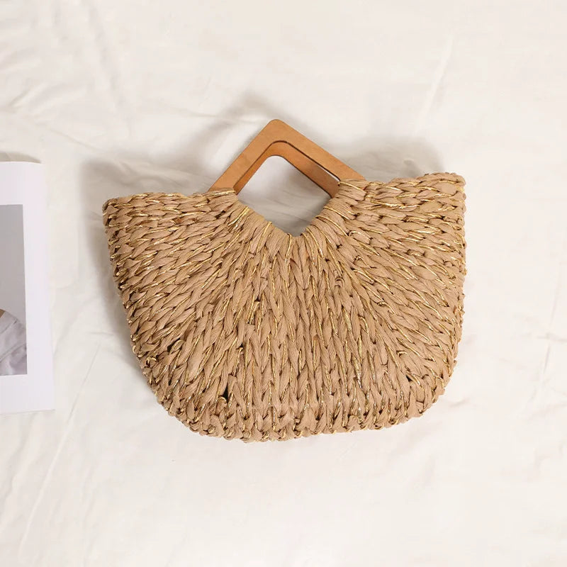 Lady Fashion Summer Women's Top Handbag Bohemia Style Wooden Handle Tote Soft Chains Handmade Straw Woven Basket Shopper