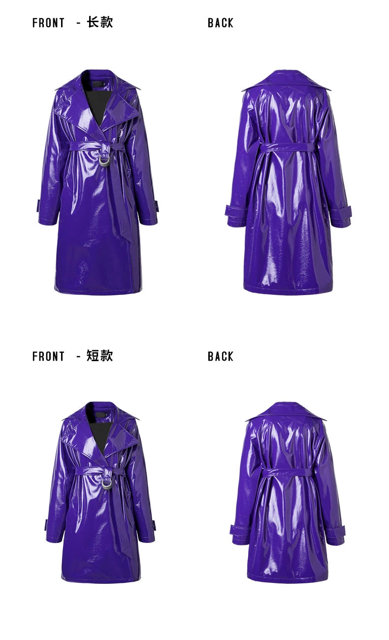 Nerazzurri Spring Autumn Purple Shiny Womens Patent Leather trench coat belt raglan sleeve Oversized soft runway long Overcoat