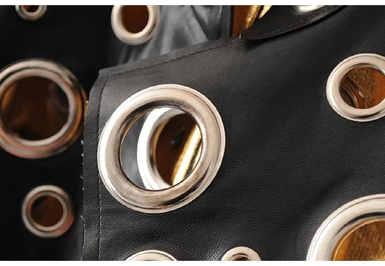 Rocker Runway Cut Out Short Faux Leather Jacket Golden Rivet Cool Stylish Designer Clothes Women European American Fashion 2022