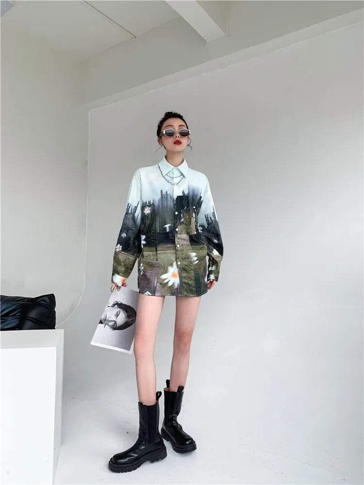 Oversized Women Blouses oil Printing shirts Harajuku Tops Long Sleeve Couple's Streetwear Blusas Mujer