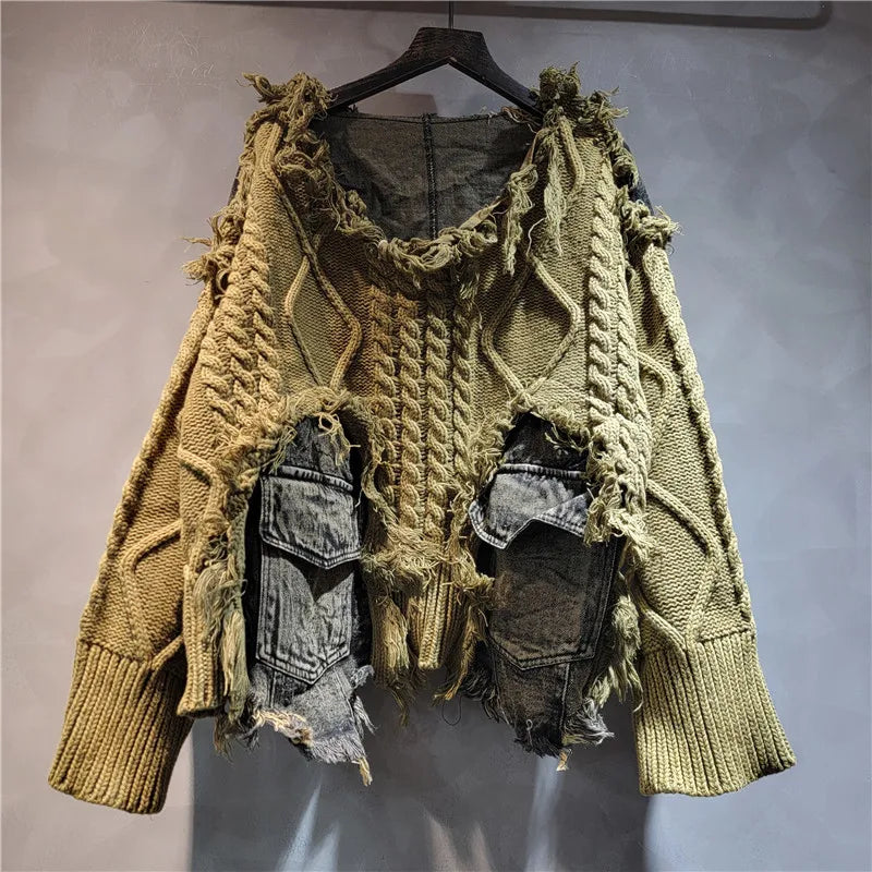 2026 Autumn New Fashionable Personalized Splicing Denim Round Neck Long Sleeve unisex Sweater