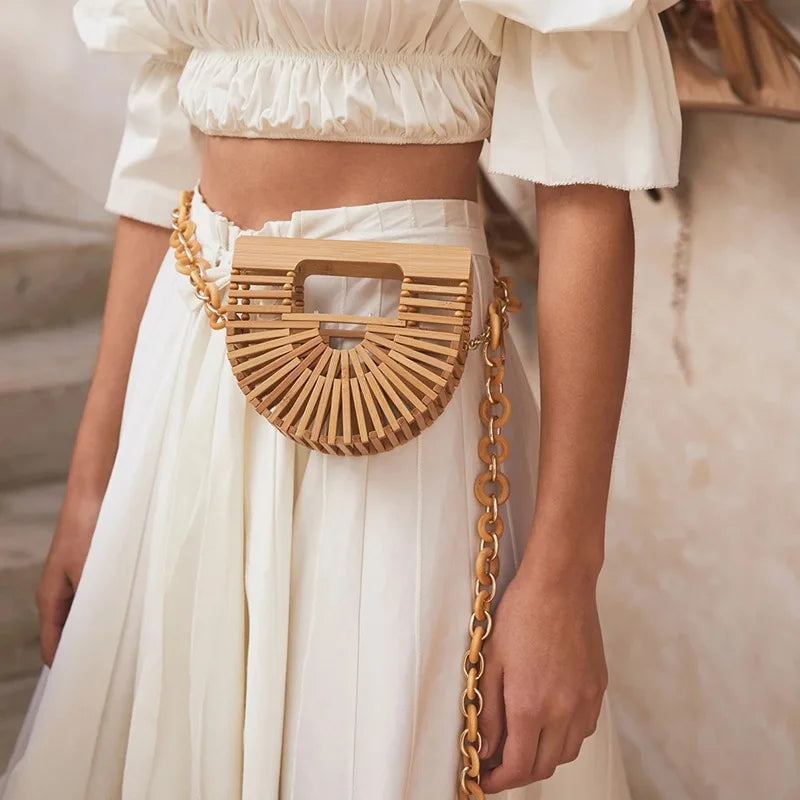 Fashion Straw Tote Bamboo Semi-circular Handbags High Quality Hand Woven Women Bags Bohemia Summer Ladies Beach Bag Bamboo Bags
