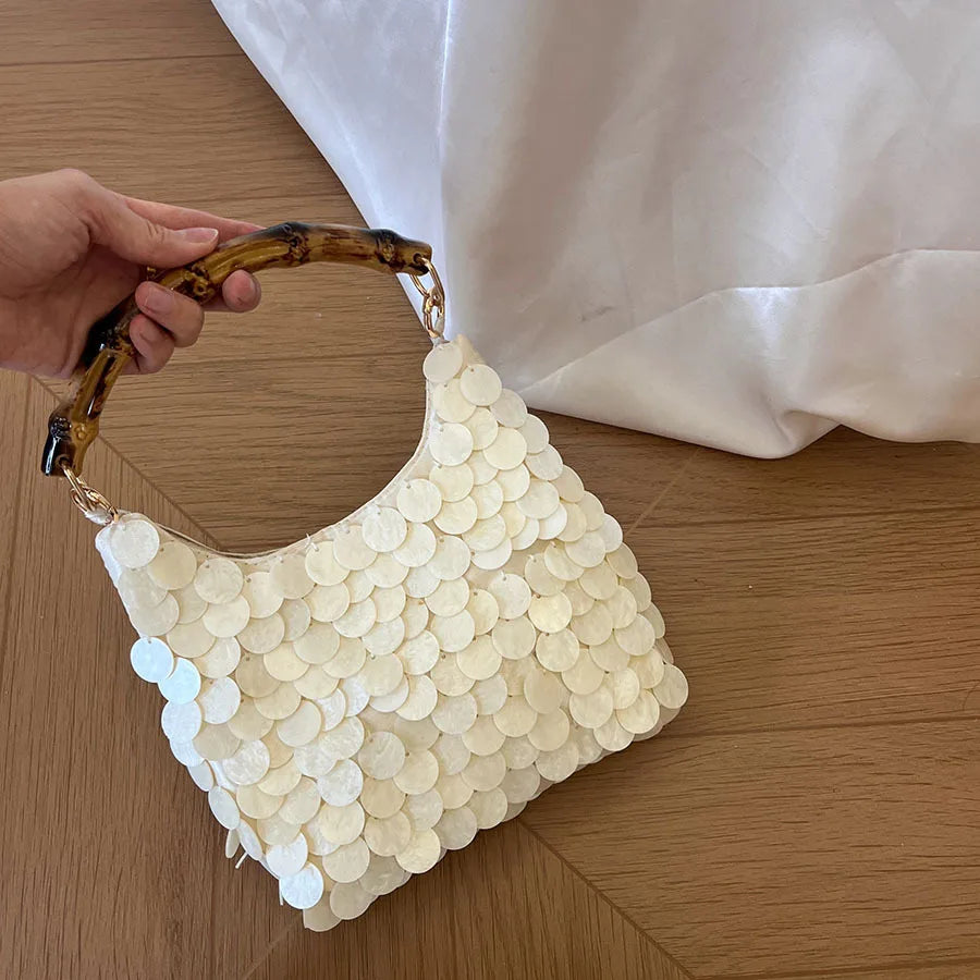 Natural Bamboo Knot Handle Shell Sequined Bag Handmade Bohemian Shell-Disc Handbag Seaside Beach Vacation Designer Woven Totes