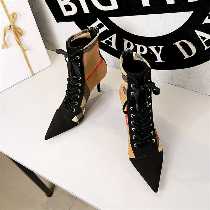 2024 Women's Fashion 8cm High Heels Ankle Pumps Pointed Toe Lace up Casual Ladies Short Boots Waterproof for Autumn