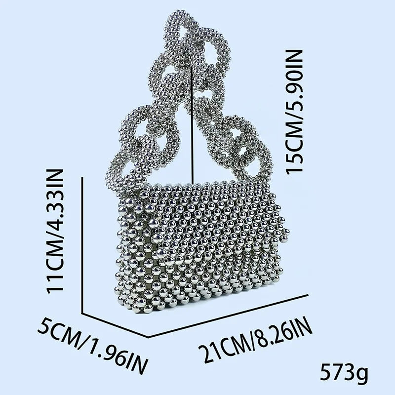 Silver Beaded Bag for Women New Bold Chunky Chain Mobile Phone Bag Hollow Bead Bag Finished Handheld One Shoulder Underarm Bag