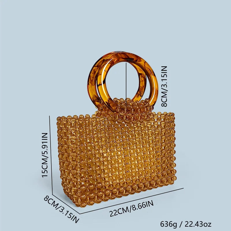Double Circle Acrylic Handle New Amber Color Bead Tote Bag Women Beaded Acrylic High Quality Hand-woven Fashion Exquisite Purses