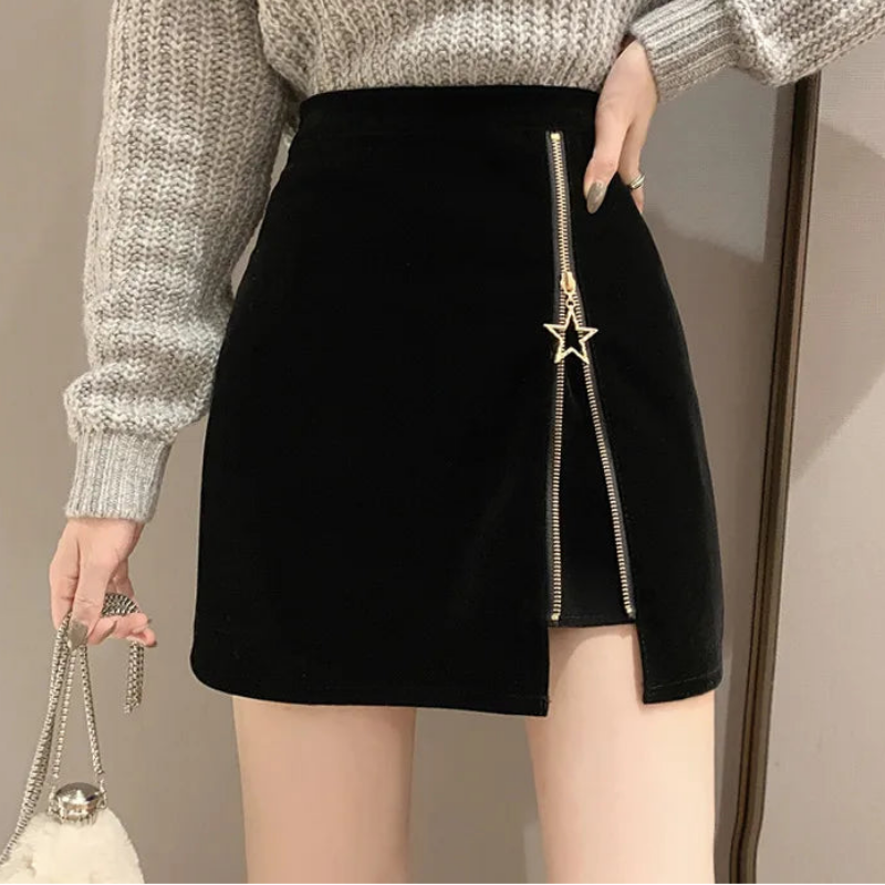FairyShely Black Mini Skirt Women 2025 Velvet Short Pencil Skirt Korean Ladies Sexy Office Wear High Waist Skirts Zipper Faldas