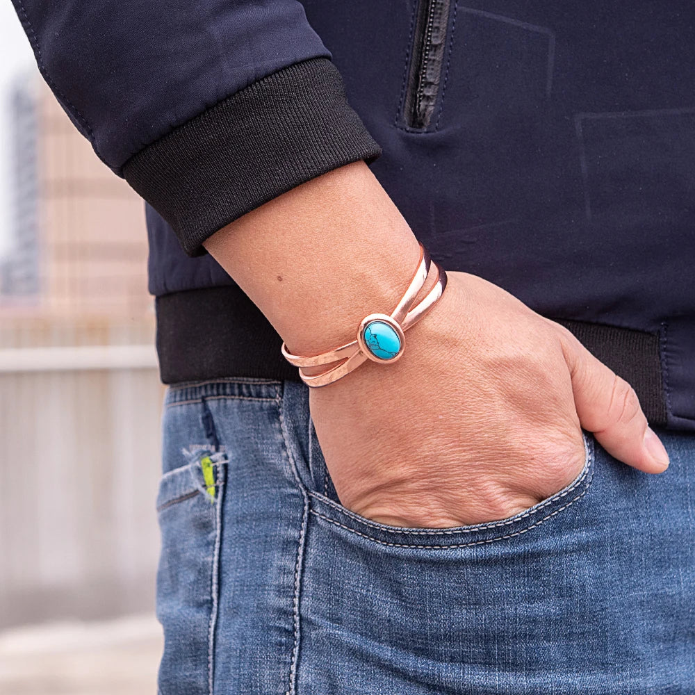 Magnetic Copper Bracelets for Women Blue Stone Adjustable Cuff Copper Magnetic Bracelet Arthritis Cross Healing Energy Bangle