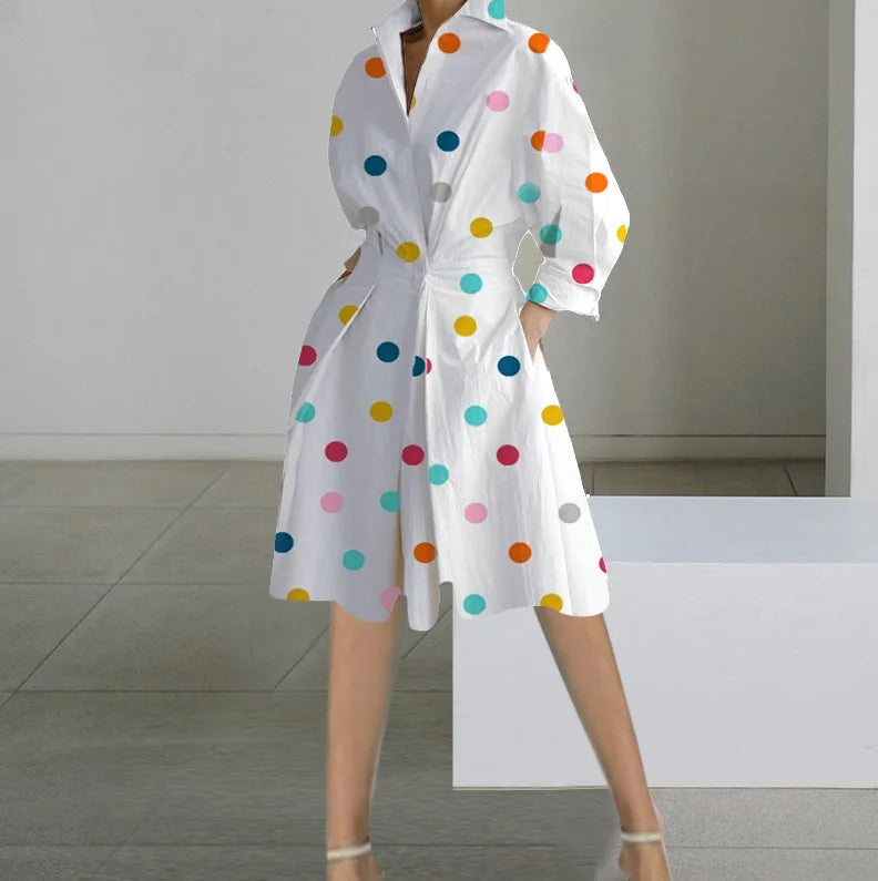 S-XXL Women's Casual Mid-Length Dress New Fashion Long-Sleeved V Neck Dot Pattern Hot Style for Ebay Aliexpress Wish for Autumn